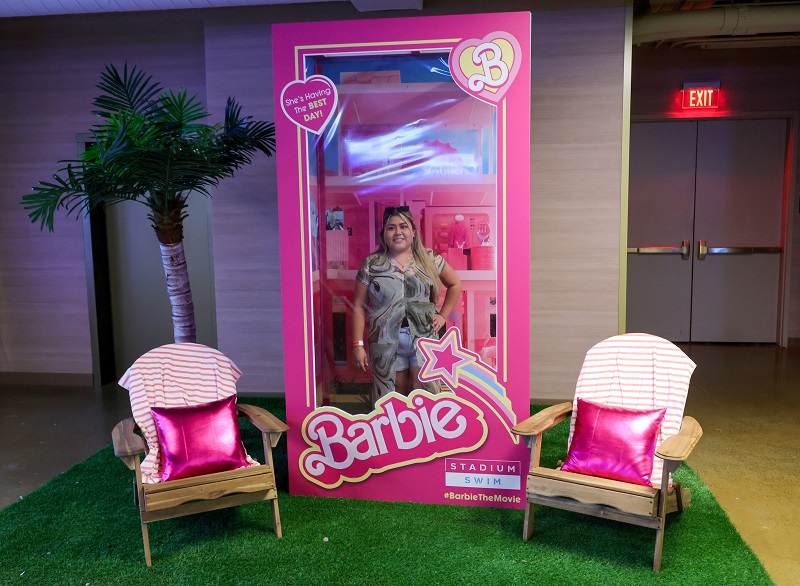 LAS VEGAS, NEVADA - JULY 22: Araceli Santos of Arizona poses for photos in a life-size Barbie-inspired box on display in celebration of the release of the Warner Bros. film "Barbie" at Stadium Swim at Circa Resort & Casino on July 22, 2023 in Las Vegas, Nevada. Ethan Miller/Getty Images/AFP (Photo by Ethan Miller / GETTY IMAGES NORTH AMERICA / Getty Images via AFP)